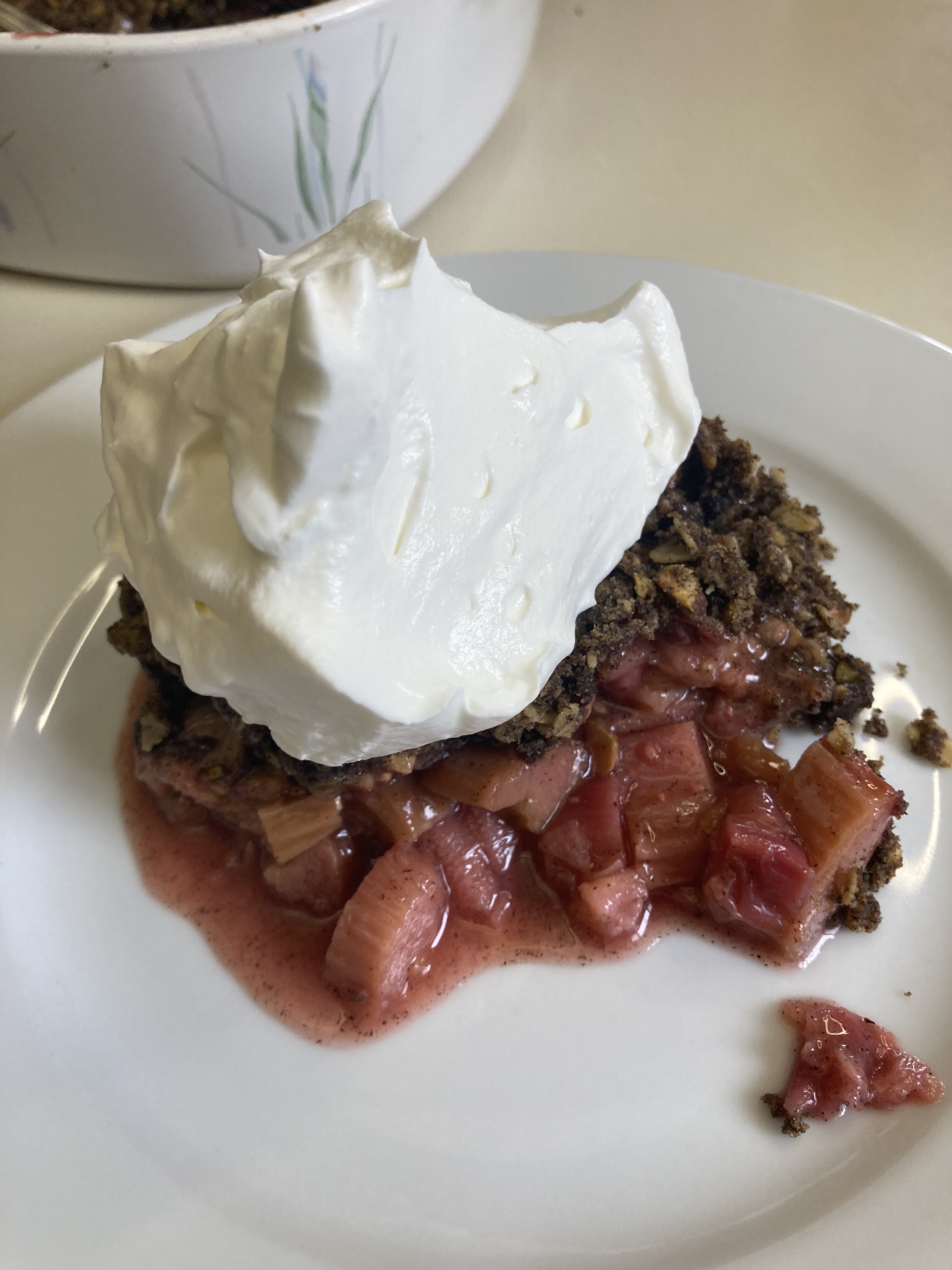 Pistachio-crusted Rhubarb Crisp with Whipped Cream