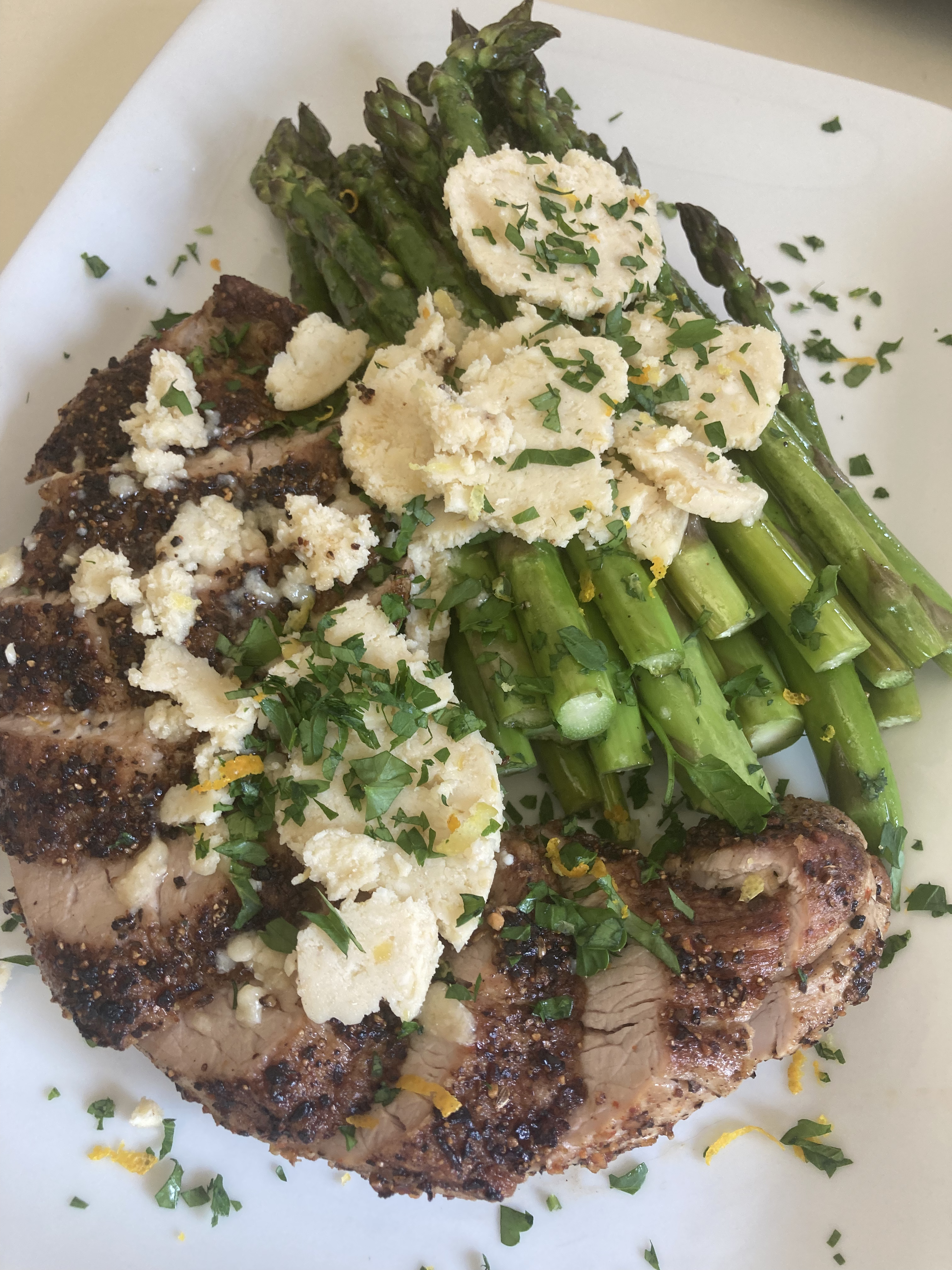 Roasted pork loin & broiled asparagus with miso butter